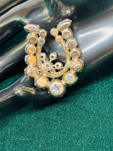 Milk Glass Rhinestone Horseshoe Brooch